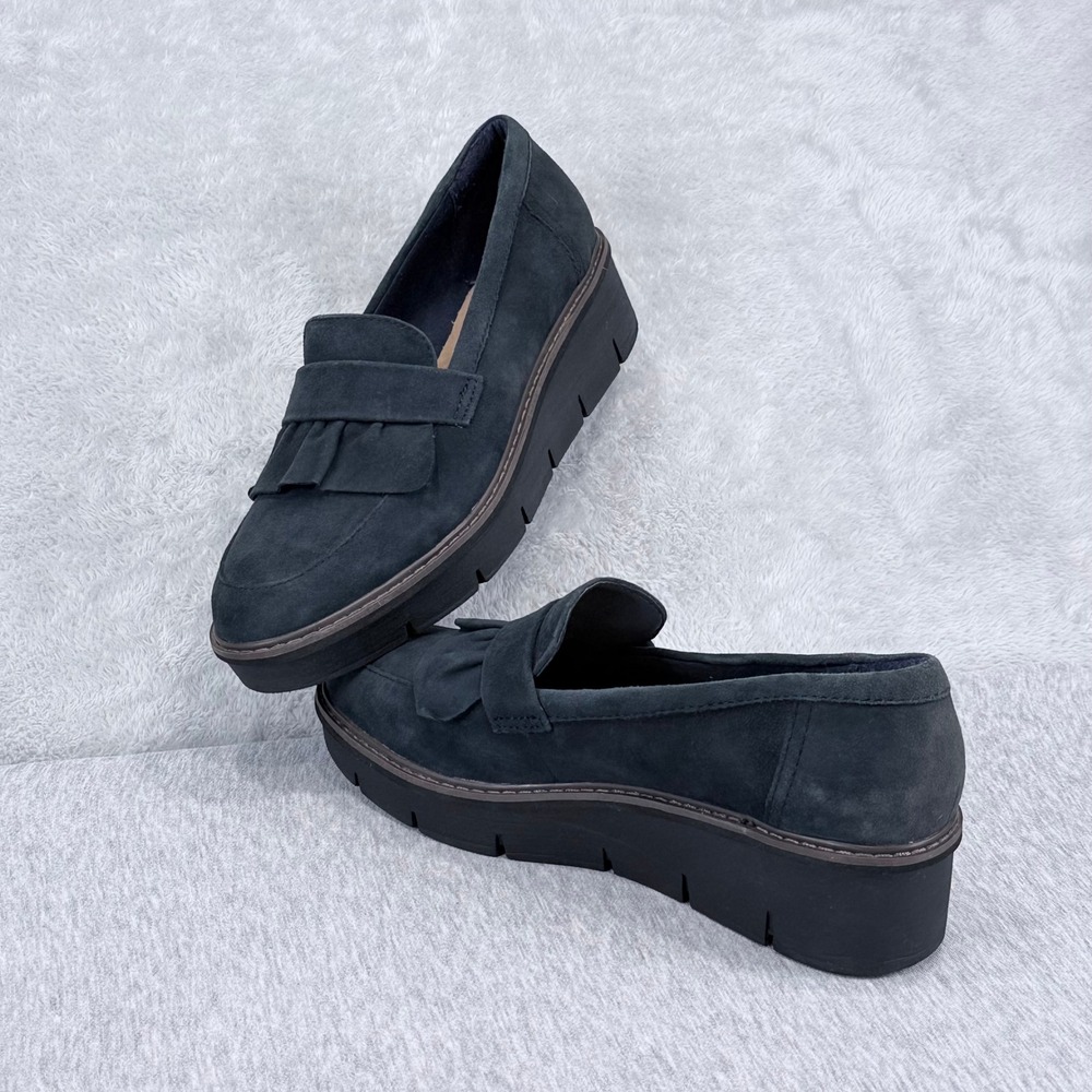 Clarks Airabell Slip Loafer Wedge Women 9 Navy Blue Suede Ruffle Platform Chunky